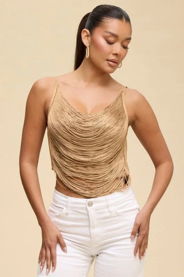 Fringe Open Back Fringe Top in Sand with Adjustable Straps for women - crop top by Palazzo Couture