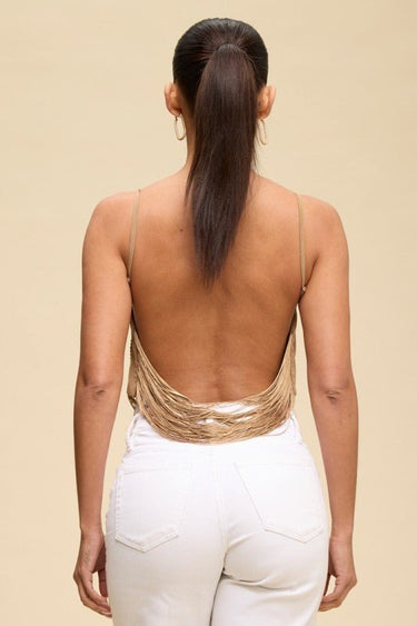 Open back fringe top with adjustable shoulder straps