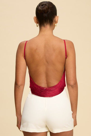 Fringe Open Back Top - Wine - Palazzo Couture Online