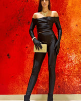 Fun Babe Black Legging Set with Off-Shoulder Top front view showing complete two piece pant set