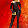 Fun Babe Black Legging Set with Off-Shoulder Top front view showing complete two piece pant set