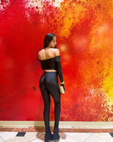 Fun Babe Black Legging Set with Off-Shoulder Top side view showing pants silhouette and fit