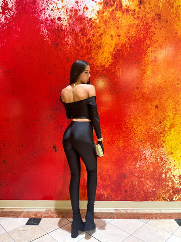 Fun Babe Black Legging Set with Off-Shoulder Top side view showing pants silhouette and fit