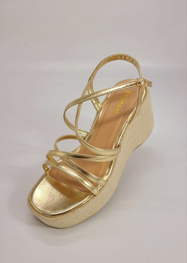 Metallic gold wedges featuring open square toe design