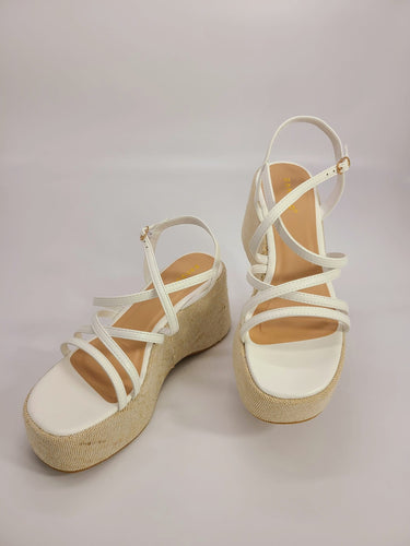 Metallic White wedges featuring open square toe design
