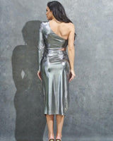 Futuristic One - Sleeve Metallic Midi Dress - Silver - Palazzo Couture Online