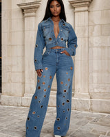 Galactic Edge Denim Pant Set - Denim Blue - Palazzo Couture Online
