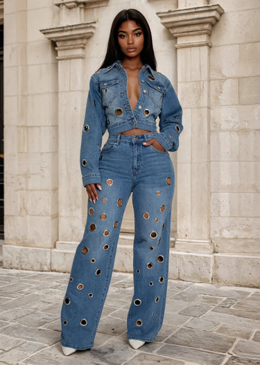 Galactic Edge Denim Pant Set - Denim Blue - Palazzo Couture Online