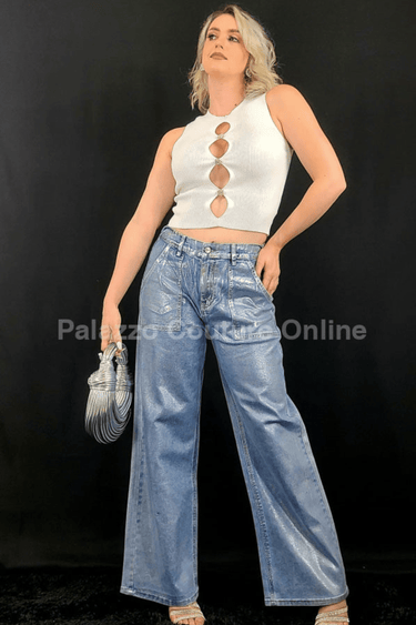 Galactic Silver Denim Jeans - Palazzo Couture Online