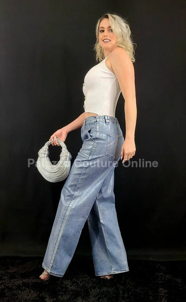 Galactic Silver Wide Leg Jeans – Shimmer Denim close up of wide leg fabric and construction detail