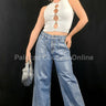 Galactic Silver Wide Leg Jeans – Shimmer Denim front view showing jeans fit and silhouette