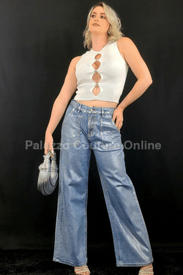 Galactic Silver Wide Leg Jeans – Shimmer Denim front view showing jeans fit and silhouette