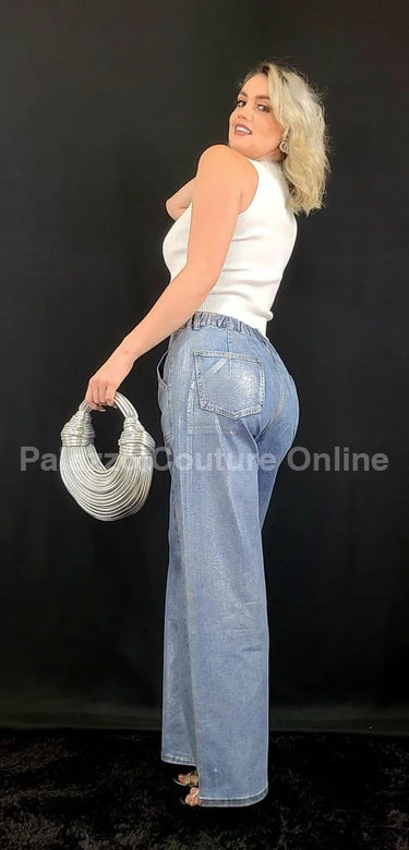 Galactic Silver Wide Leg Jeans – Shimmer Denim side view showing jeans leg shape and fit