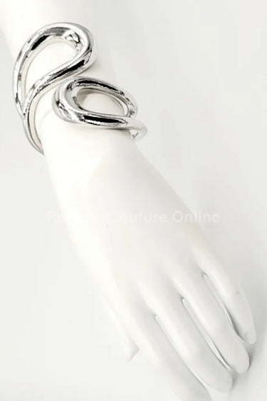Gemini Wide Hinged Silver Cuff Bangle with Sculptural Design - trendy women's jewelry