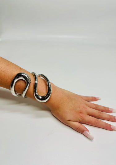 Gemini Wide Hinged Silver Cuff Bangle with Sculptural Design - women's statement jewelry