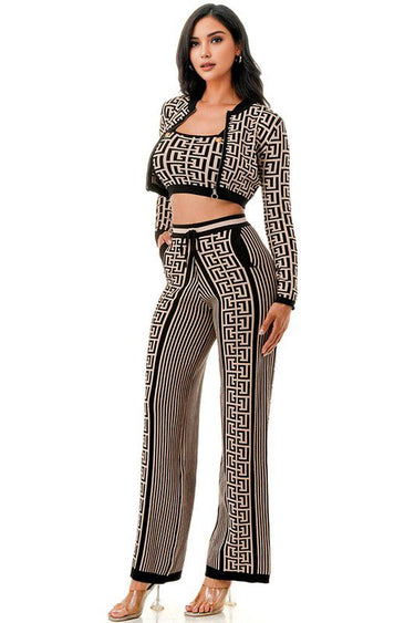 Geometric Elegance Three - Piece Knit Pant Set - Palazzo Couture Online