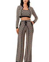 Geometric Elegance Three - Piece Knit Pant Set - Palazzo Couture Online