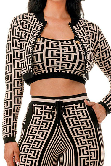 Geometric Elegance Three - Piece Knit Pant Set - Palazzo Couture Online