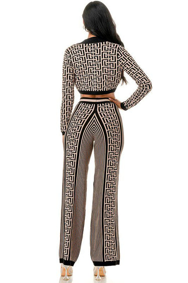 Geometric Elegance Three - Piece Knit Pant Set - Palazzo Couture Online