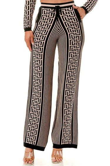 Geometric Elegance Three-Piece Knit Pant Set showing coordinated top and pants construction