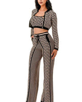 Geometric Elegance Three-Piece Knit Pant Set front view showing complete two piece pant set