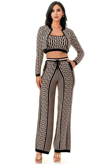 Geometric Elegance Three-Piece Knit Pant Set side view showing pants silhouette and fit