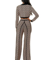 Geometric Elegance Three-Piece Knit Pant Set close up of knit top design and fabric detail