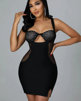 Gessica Black Mini Dress with Rhinestone Detail close up detail of elegant design