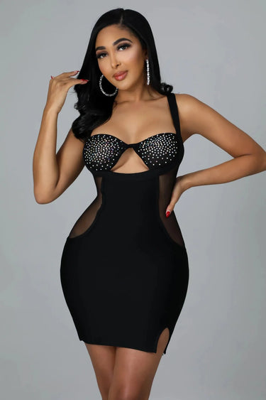 Gessica Black Mini Dress with Rhinestone Detail close up detail of elegant design