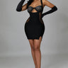 Gessica Black Mini Dress with Rhinestone Detail front view showing mini dress silhouette