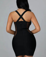 Gessica Black Mini Dress with Rhinestone Detail side view highlighting short hemline