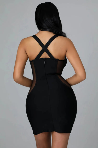 Gessica Black Mini Dress with Rhinestone Detail side view highlighting short hemline