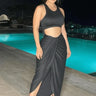 Gia Skirt Set (Black) close up of matching top design and fabric