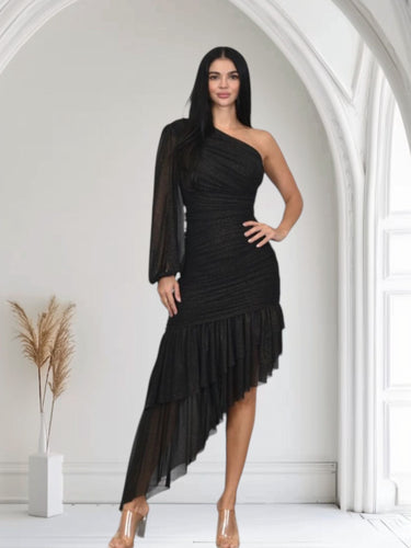 Gilded Allure One - Shoulder Asymmetrical Midi Dress - Black - Palazzo Couture Online