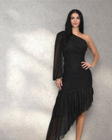 Gilded Allure One - Shoulder Asymmetrical Midi Dress - Black - Palazzo Couture Online