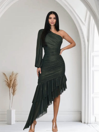 Asymmetrical midi dress featuring single long sleeve