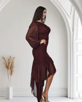 Gilded Allure One - Shoulder Asymmetrical Midi Dress - Merlot - Palazzo Couture Online