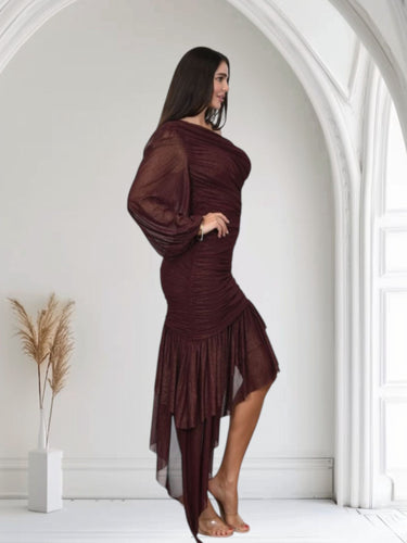 Gilded Allure One - Shoulder Asymmetrical Midi Dress - Merlot - Palazzo Couture Online