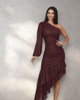 Gilded Allure One - Shoulder Asymmetrical Midi Dress - Merlot - Palazzo Couture Online
