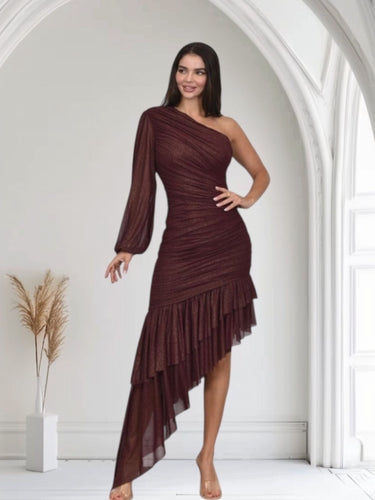 Gilded Allure One - Shoulder Asymmetrical Midi Dress - Merlot - Palazzo Couture Online