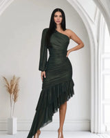 Women's Forest maxi dress one shoulder style back view