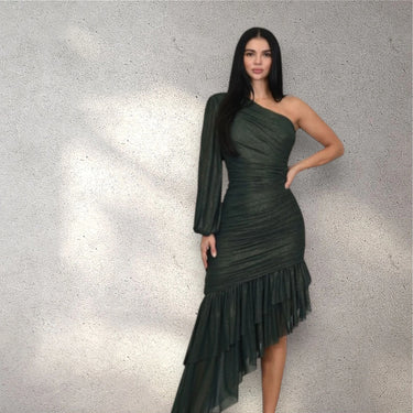 Gilded Allure One Shoulder Dress with Asymmetrical Ruffle Hem (Forest) close up detail of one shoulder design and fabric