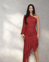 Gilded Allure One Shoulder Dress with Asymmetrical Ruffle Hem (Red) close up detail of one shoulder design and fabric