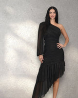Gilded Allure One Shoulder Dress with Asymmetrical Ruffle Hem (Black) close up detail of one shoulder design and fabric