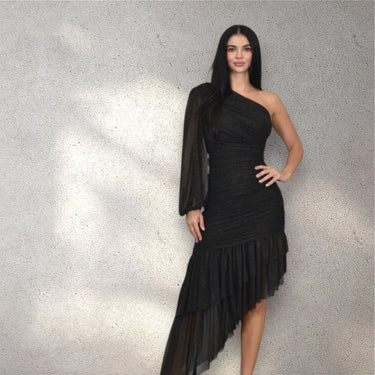 Gilded Allure One Shoulder Dress with Asymmetrical Ruffle Hem (Black) close up detail of one shoulder design and fabric