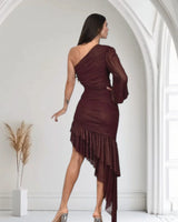 Gilded Allure One Shoulder Dress with Asymmetrical Ruffle Hem (Merlot) close up detail of one shoulder design and fabric