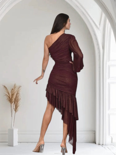 Gilded Allure One Shoulder Dress with Asymmetrical Ruffle Hem (Merlot) close up detail of one shoulder design and fabric