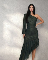 Gilded Allure One Shoulder Dress with Asymmetrical Ruffle Hem (Forest) front view showing full-length maxi silhouette