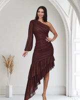 Gilded Allure One Shoulder Dress with Asymmetrical Ruffle Hem (Merlot) front view showing full-length maxi silhouette
