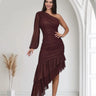 Gilded Allure One Shoulder Dress with Asymmetrical Ruffle Hem (Merlot) front view showing full-length maxi silhouette